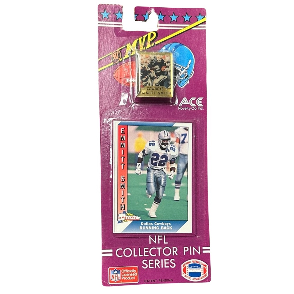 VINTAGE 1991 Pacific Emmitt Smith NFL Collector Pin & Card Series Dallas Cowboys